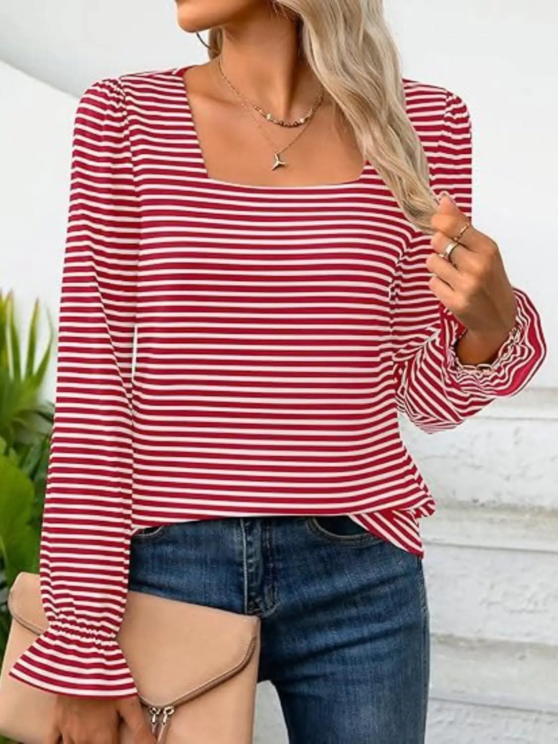 Top - Striped Flounce Sleeve - Chic Style