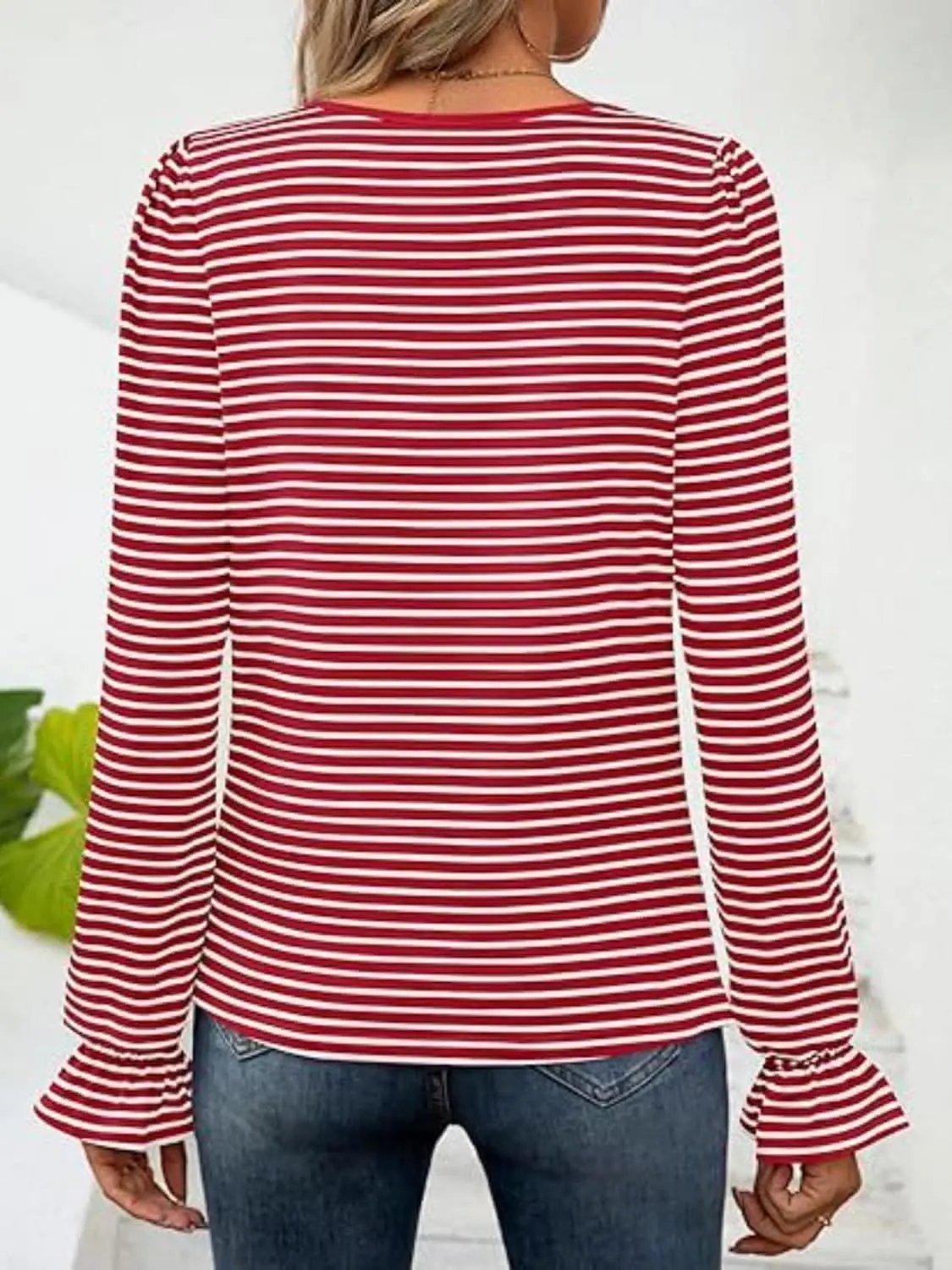 Top - Striped Flounce Sleeve - Chic Style