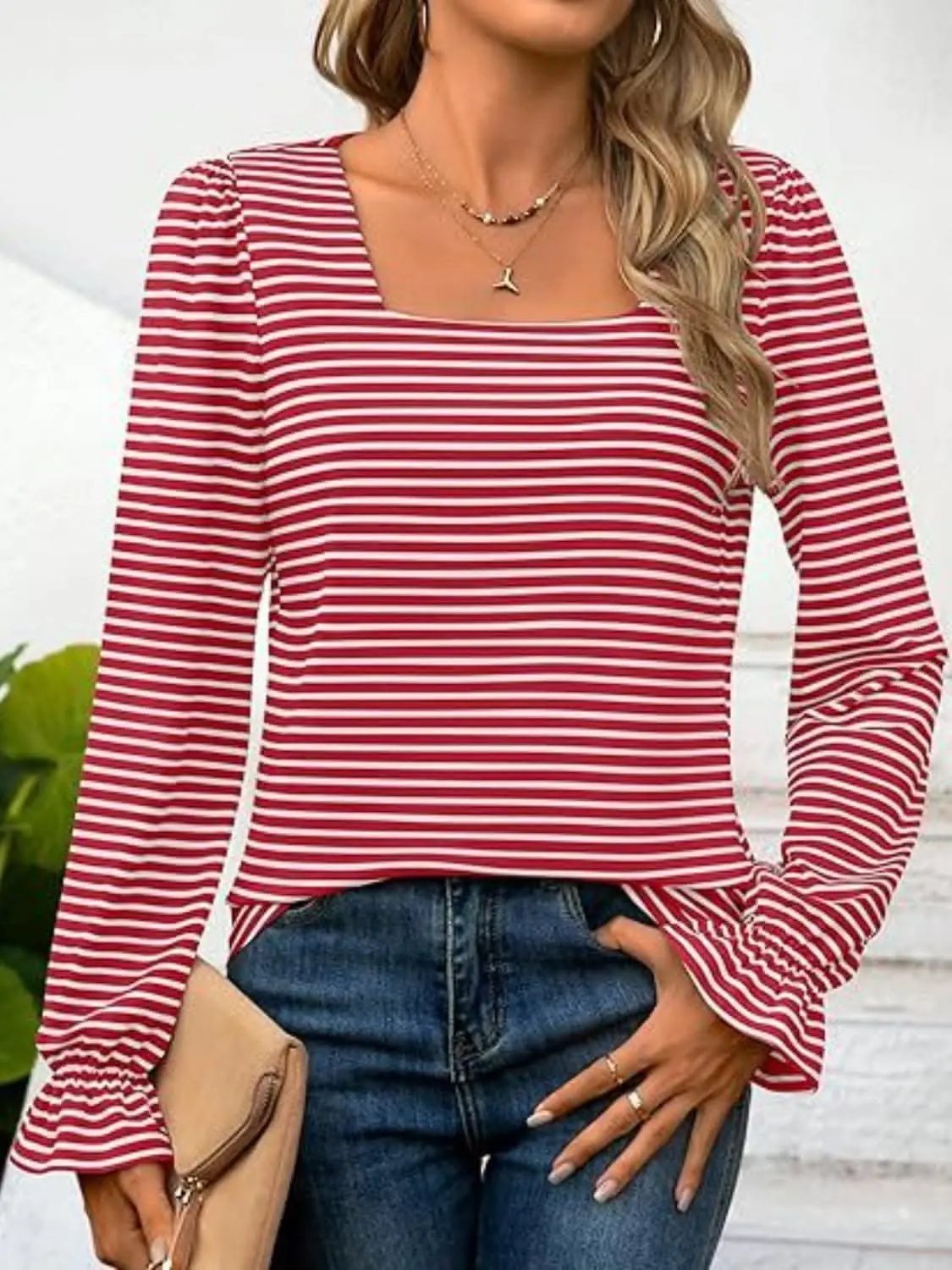 Top - Striped Flounce Sleeve - Chic Style
