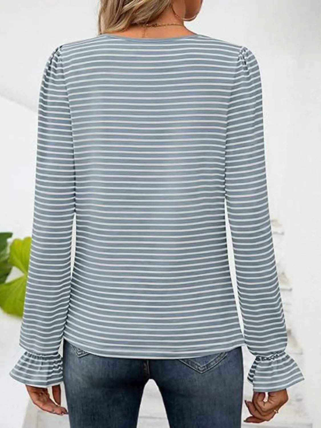 Top - Striped Flounce Sleeve - Chic Style