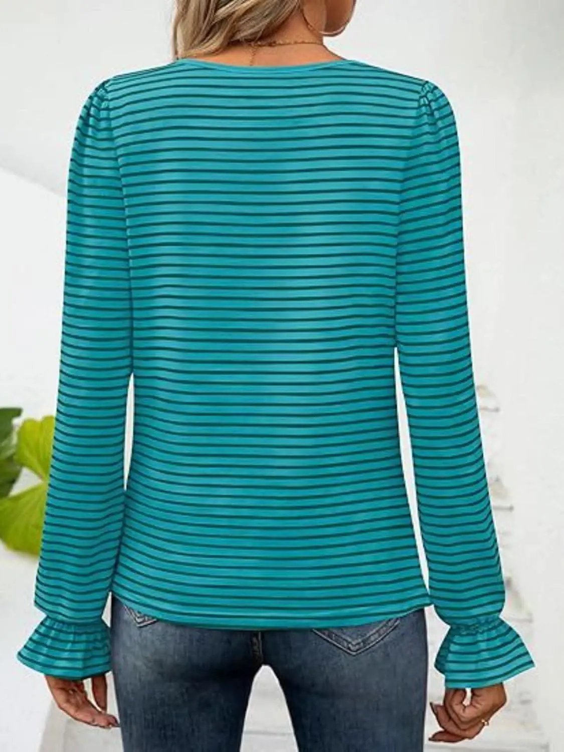 Top - Striped Flounce Sleeve - Chic Style