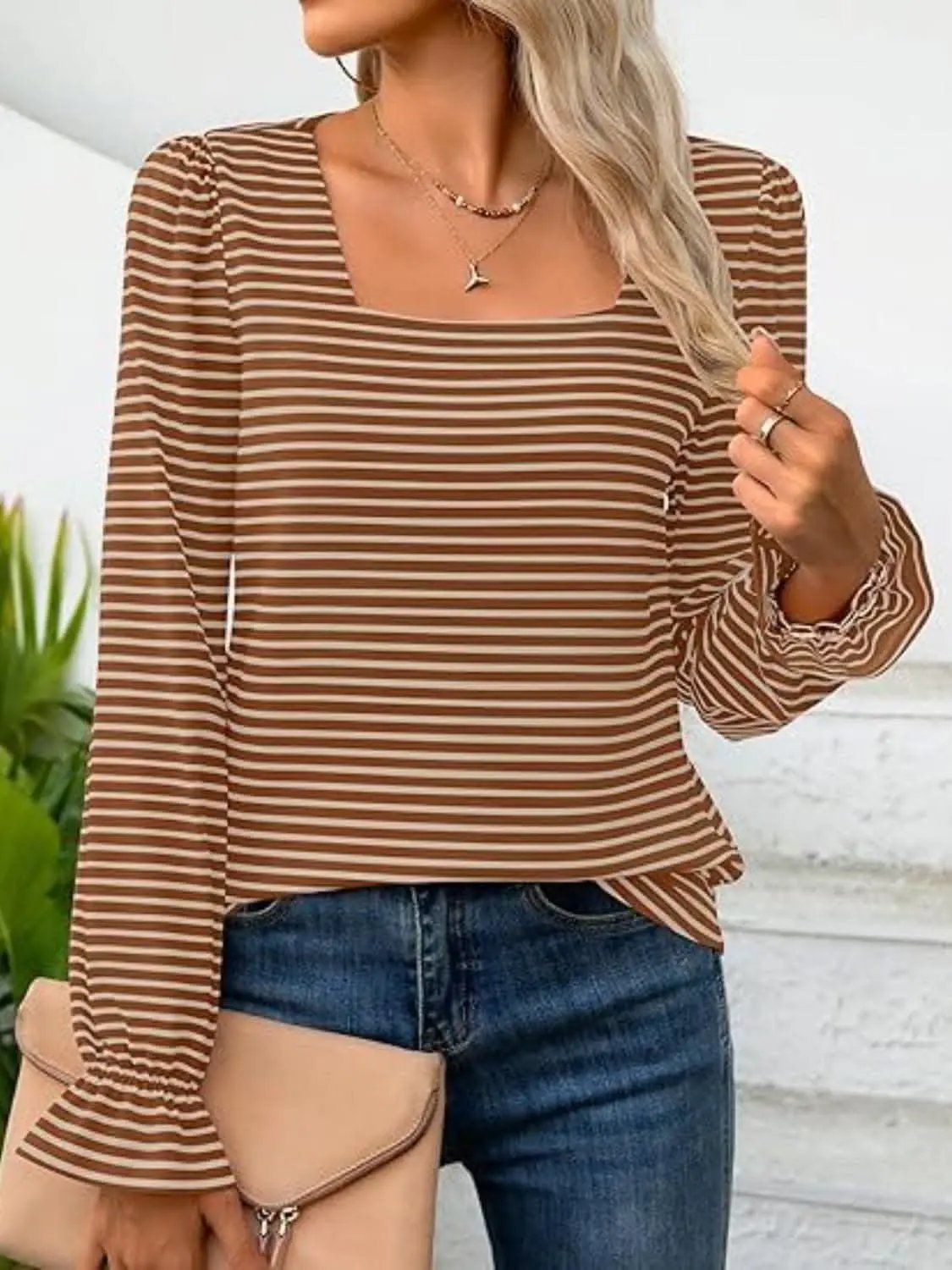 Top - Striped Flounce Sleeve - Chic Style