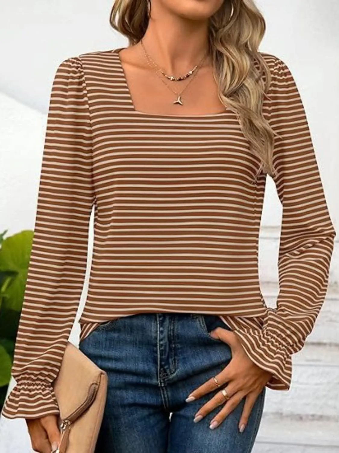 Top - Striped Flounce Sleeve - Chic Style
