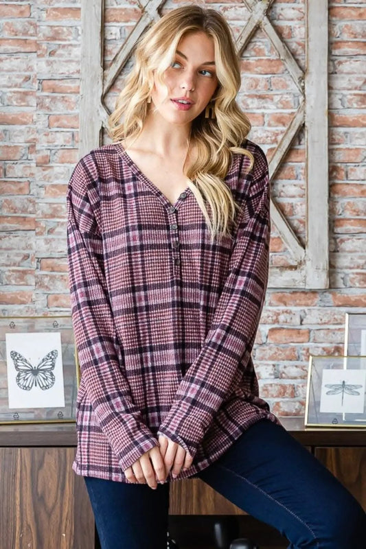 Trendsi Plaid V-Neck Top Women's Casual Long Sleeve Fashion Shirt