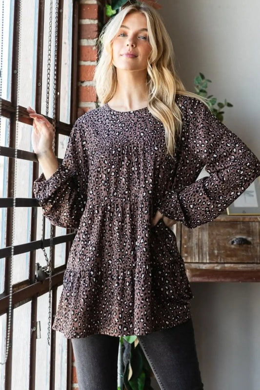 Trendsi Leopard Print Blouse Women's Everyday Long Sleeve Top Chic & Tiered