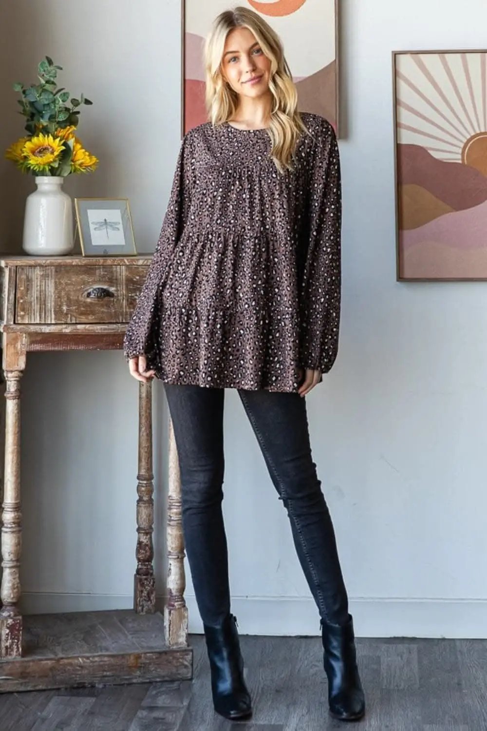 Trendsi Leopard Print Blouse Women's Everyday Long Sleeve Top Chic & Tiered