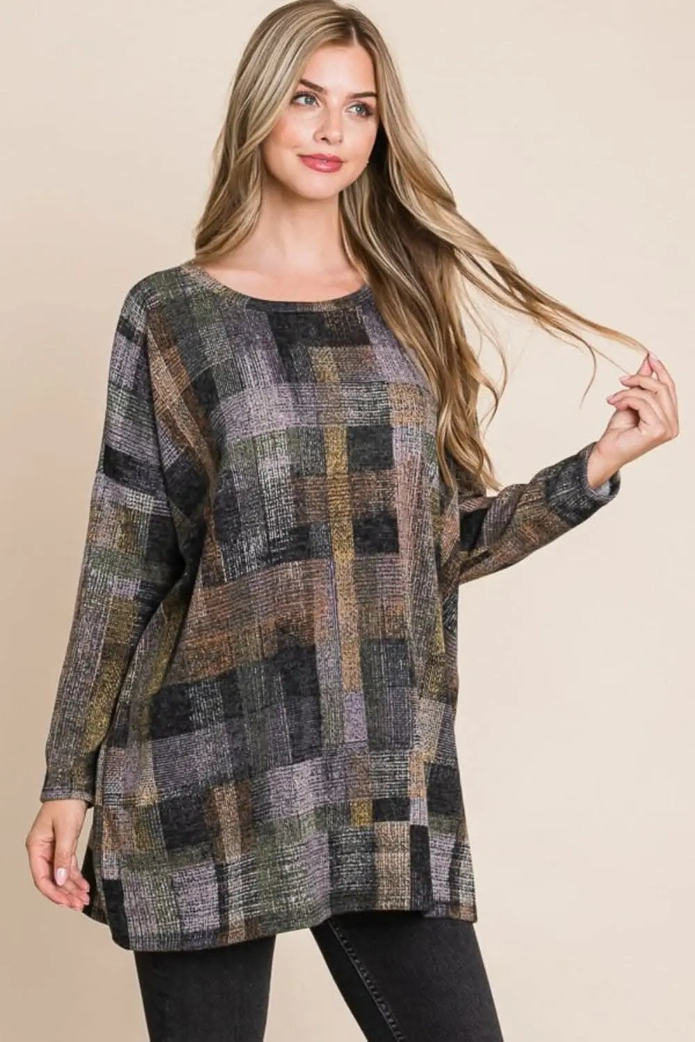 Trendsi BOMBOM Plaid Round Neck Long Sleeve Top