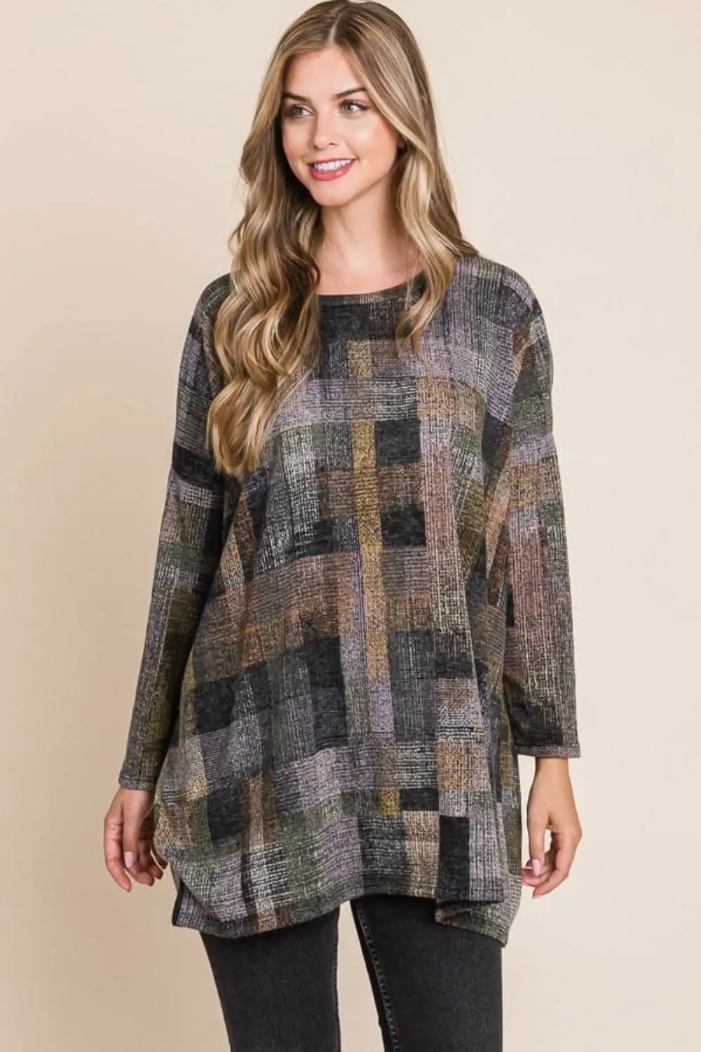 Trendsi BOMBOM Plaid Round Neck Long Sleeve Top