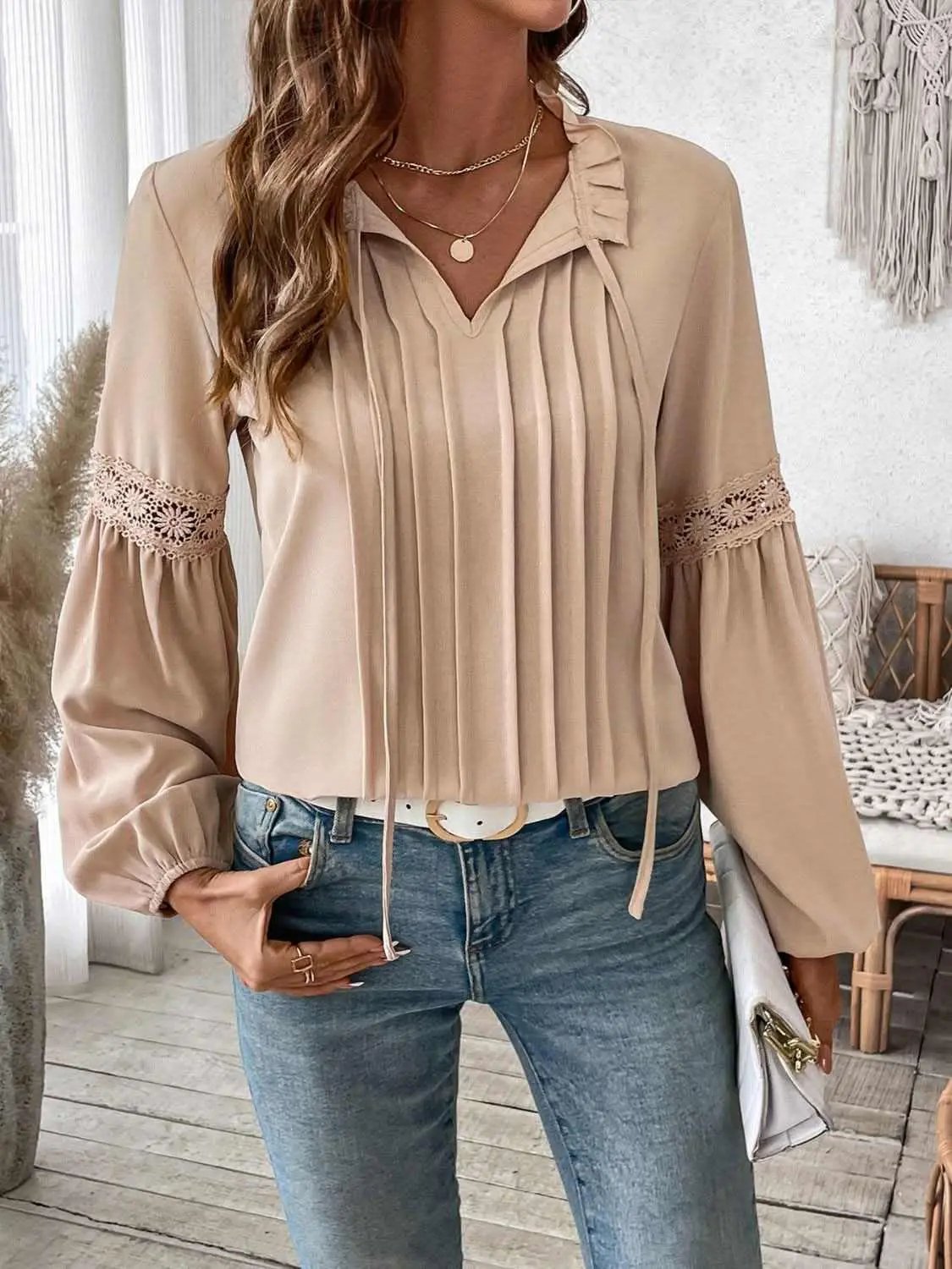 Trendsi Tie Neck Blouse Women's Office Top Long Sleeve Frill Detail