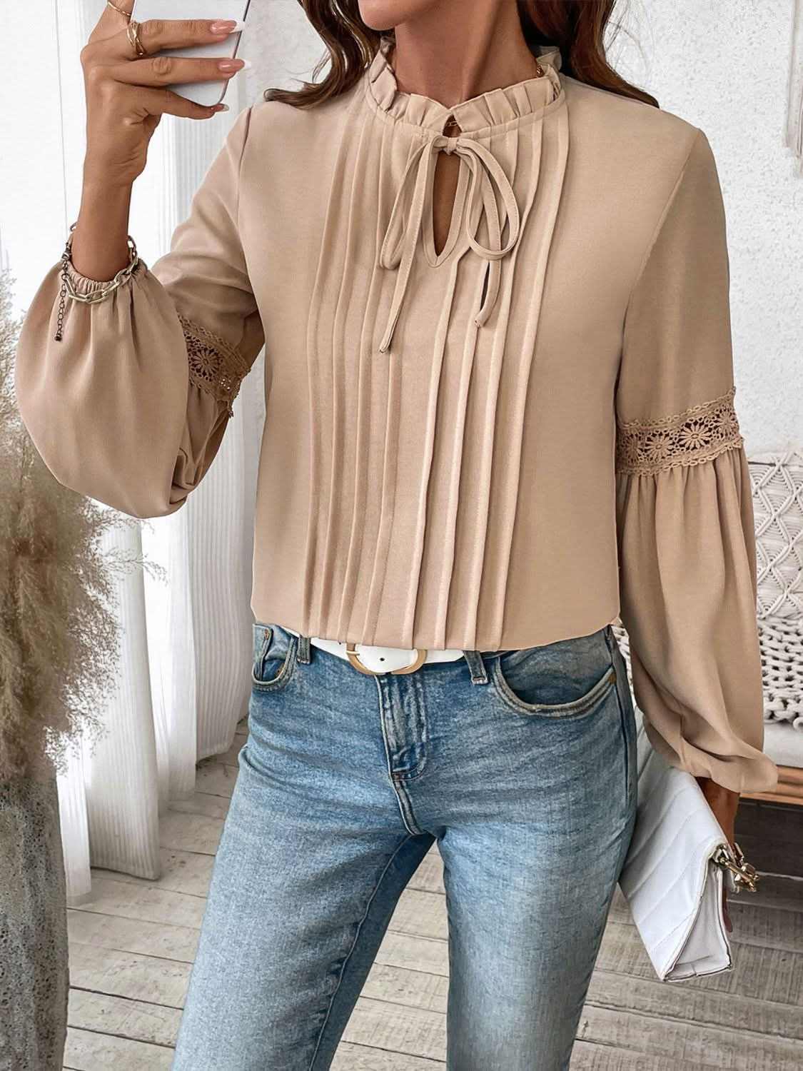 Trendsi Tie Neck Blouse Women's Office Top Long Sleeve Frill Detail