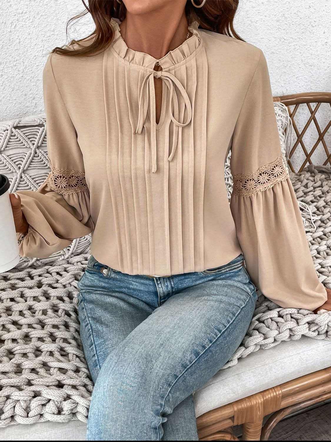 Trendsi Tie Neck Blouse Women's Office Top Long Sleeve Frill Detail