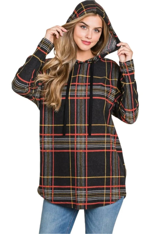 Trendsi Plaid drawstring hoodie for comfort