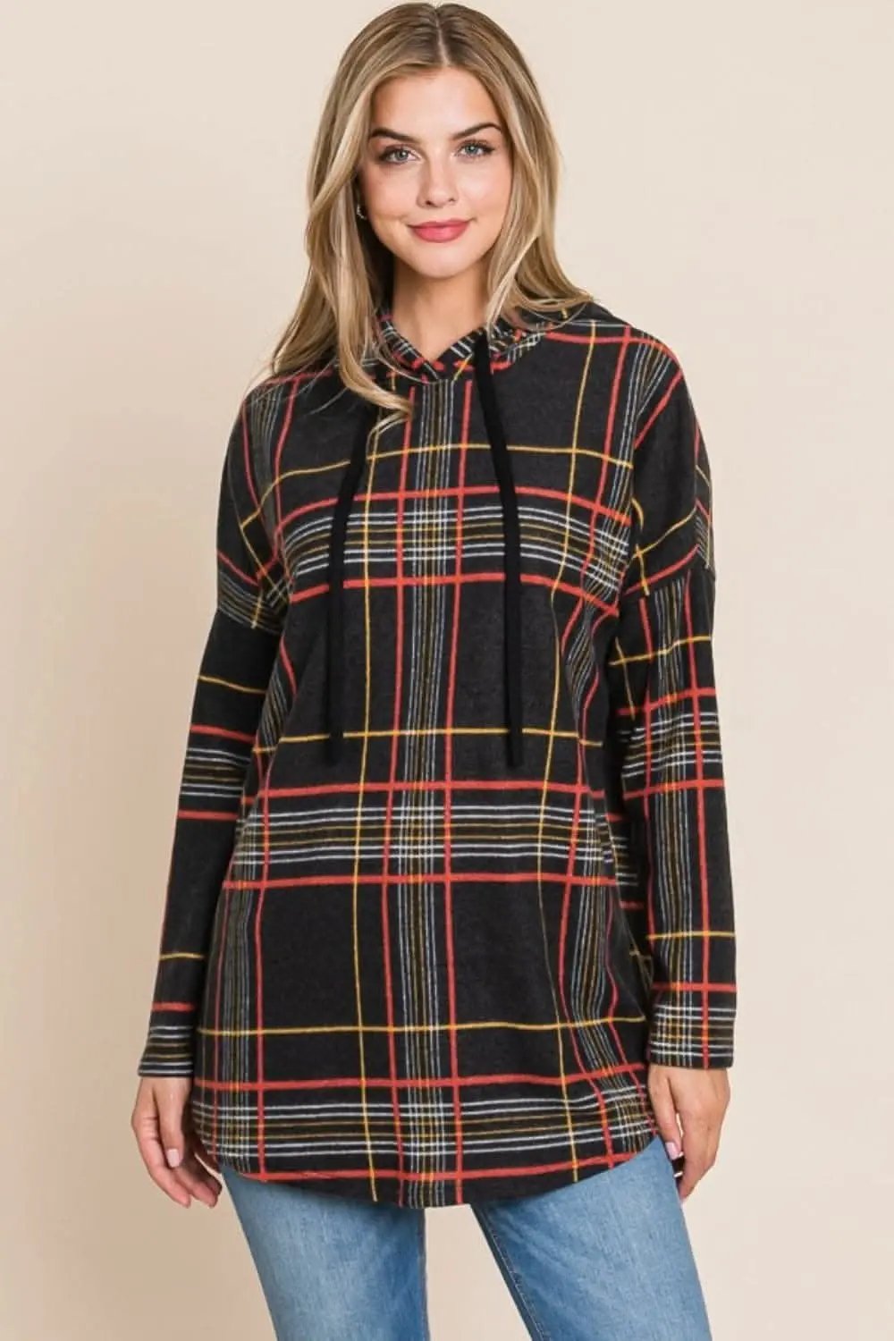 Trendsi Plaid drawstring hoodie for comfort