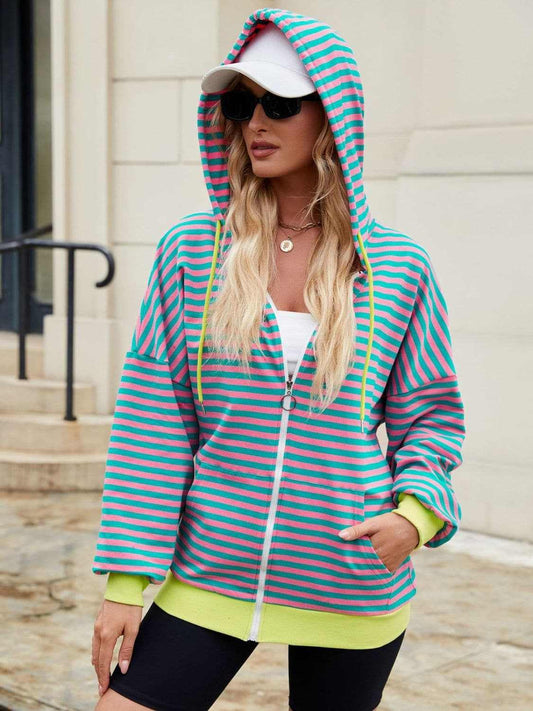 Trendsi Striped Zip-Up Hoodie Women's Fashionable Comfy Jacket