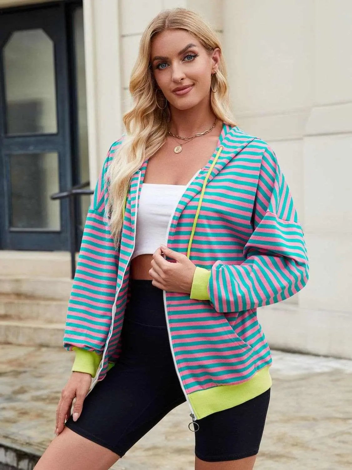 Trendsi Striped Zip-Up Hoodie Women's Fashionable Comfy Jacket