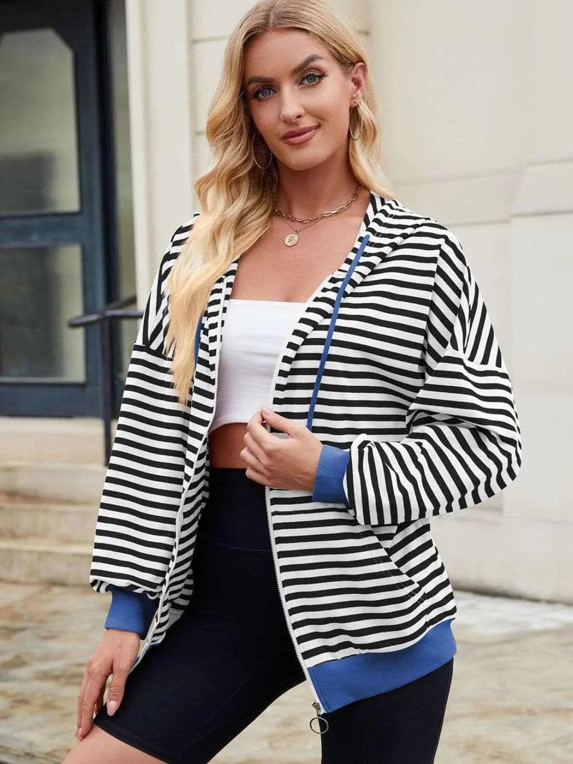 Trendsi Striped Zip-Up Hoodie Women's Fashionable Comfy Jacket