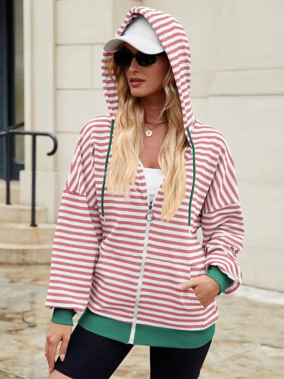 Trendsi Striped Zip-Up Hoodie Women's Fashionable Comfy Jacket