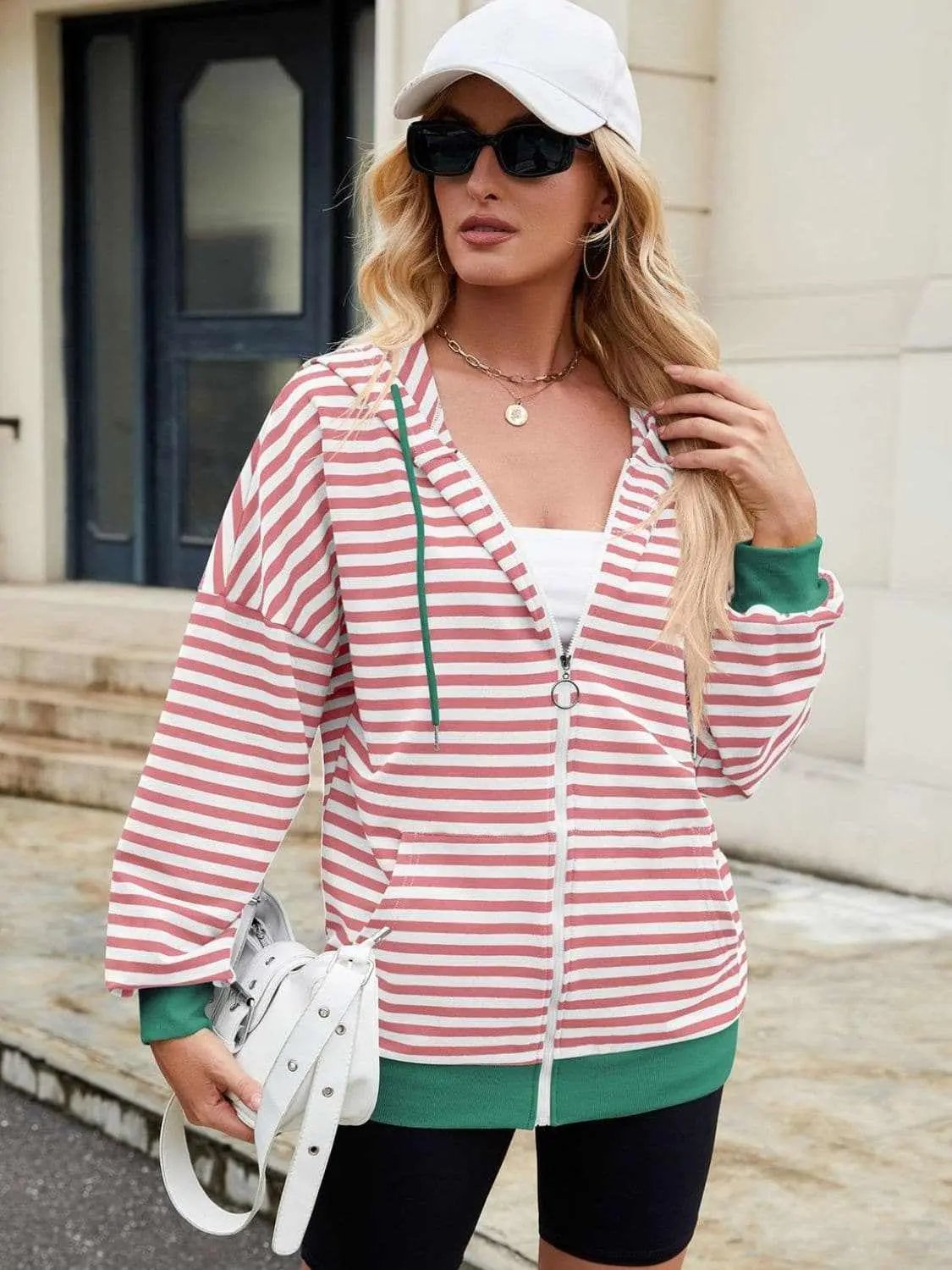 Trendsi Striped Zip-Up Hoodie Women's Fashionable Comfy Jacket