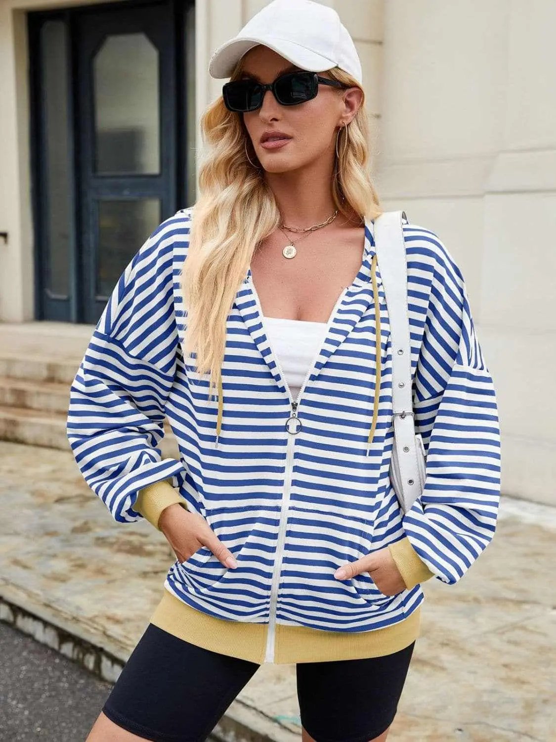 Trendsi Striped Zip-Up Hoodie Women's Fashionable Comfy Jacket