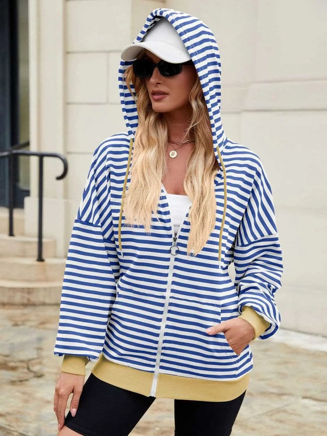 Trendsi Striped Zip-Up Hoodie Women's Fashionable Comfy Jacket