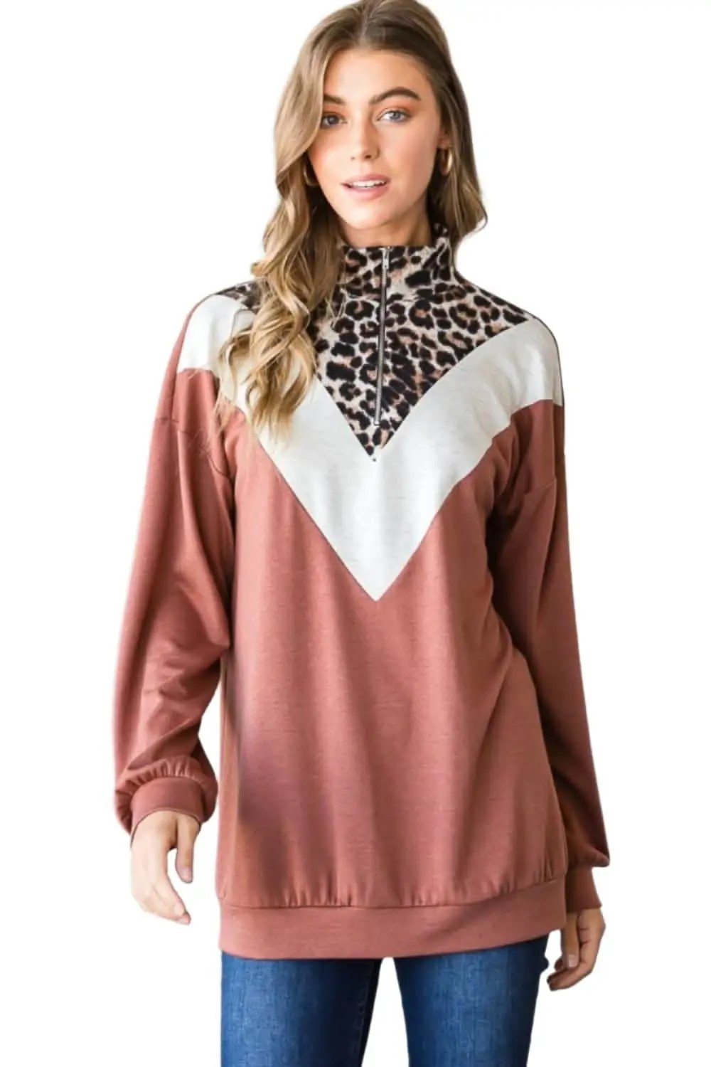 Trendsi Leopard Print Quarter Zip Women's Sweatshirt Comfy & Stylish