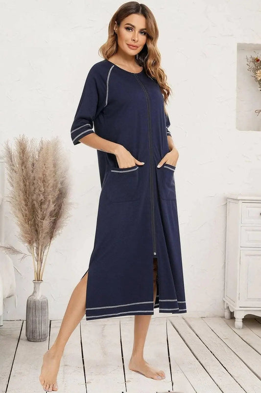 Elegant Zip Night Dress - With Pockets - Comfortable Style