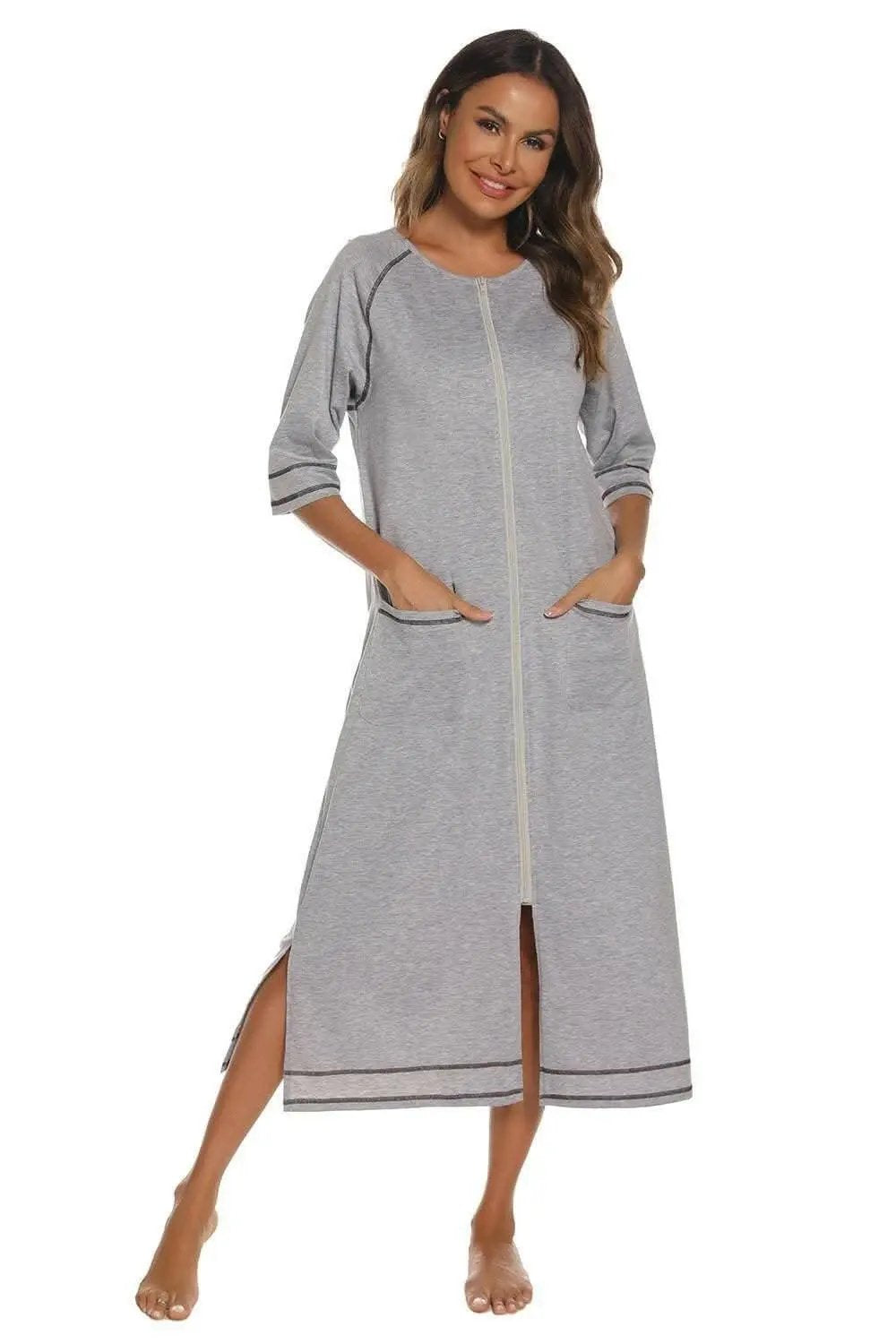 Elegant Zip Night Dress - With Pockets - Comfortable Style