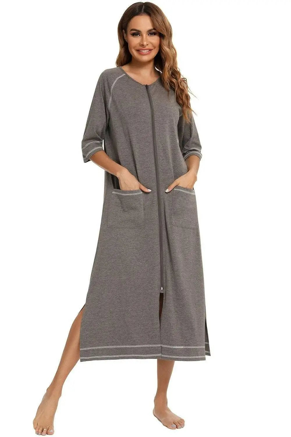 Elegant Zip Night Dress - With Pockets - Comfortable Style