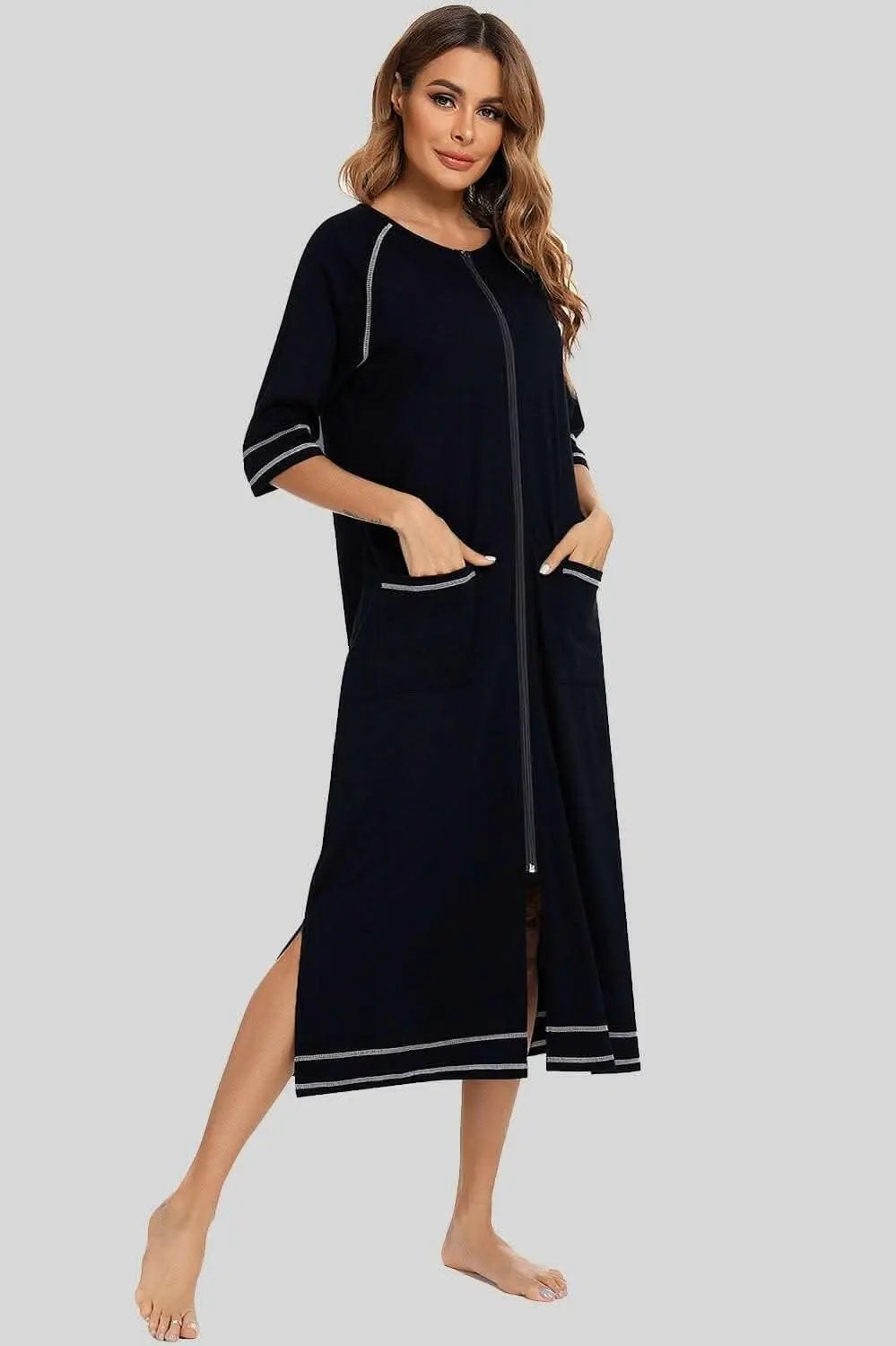 Elegant Zip Night Dress - With Pockets - Comfortable Style