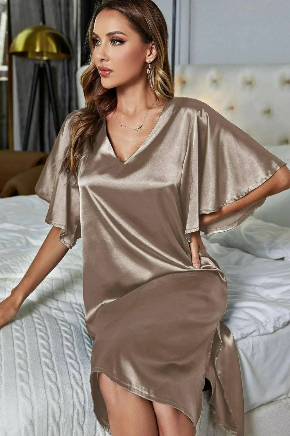Satin Nightgown - V-Neck Flutter Sleeve - Elegant Sleepwear