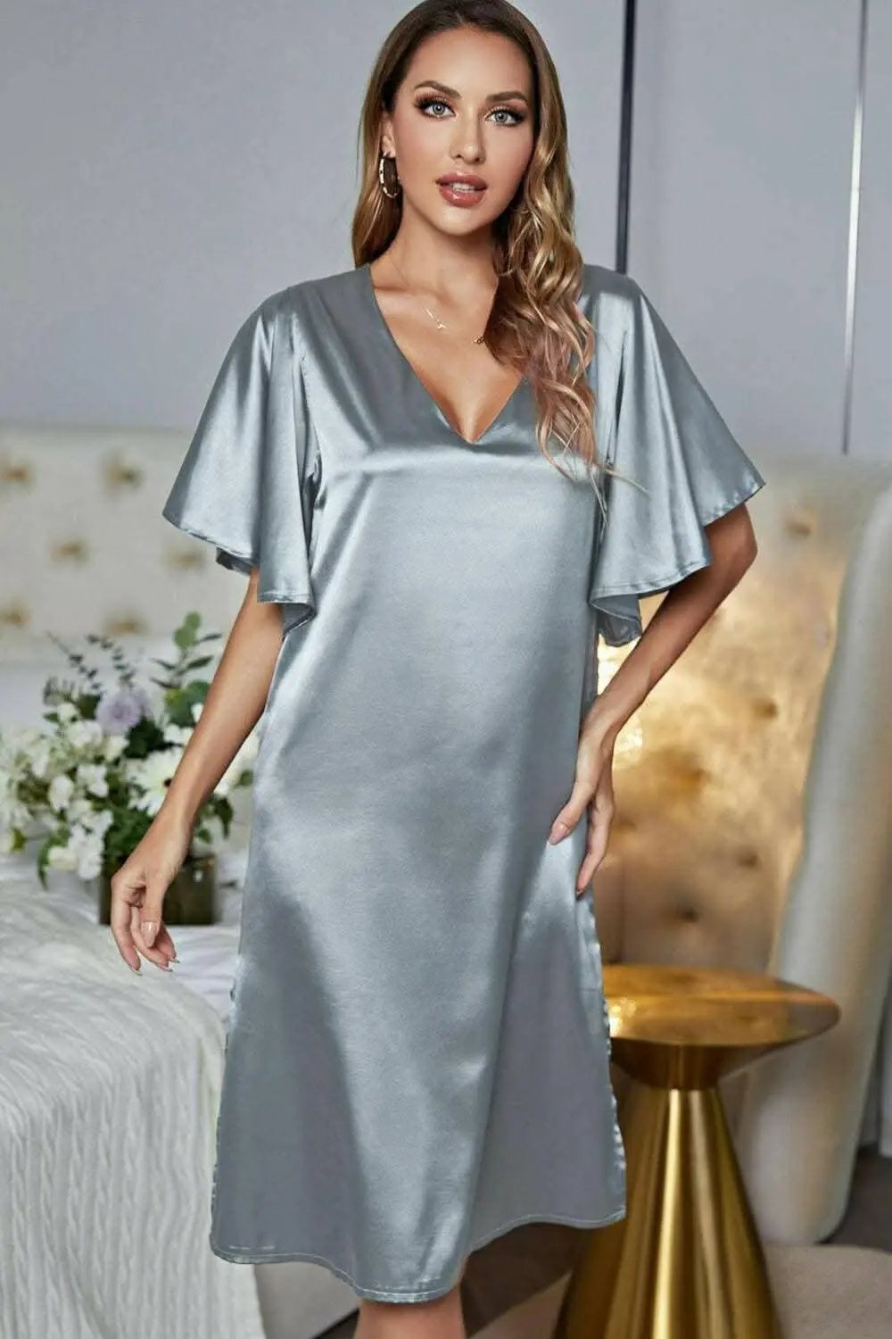 Satin Nightgown - V-Neck Flutter Sleeve - Elegant Sleepwear