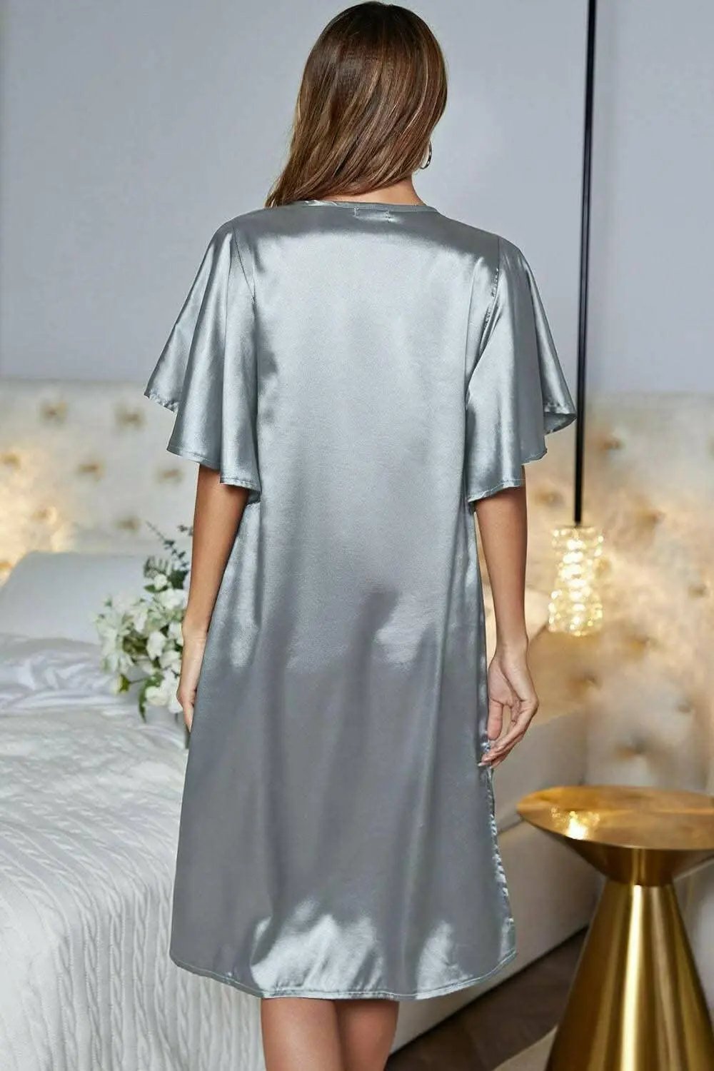 Satin Nightgown - V-Neck Flutter Sleeve - Elegant Sleepwear