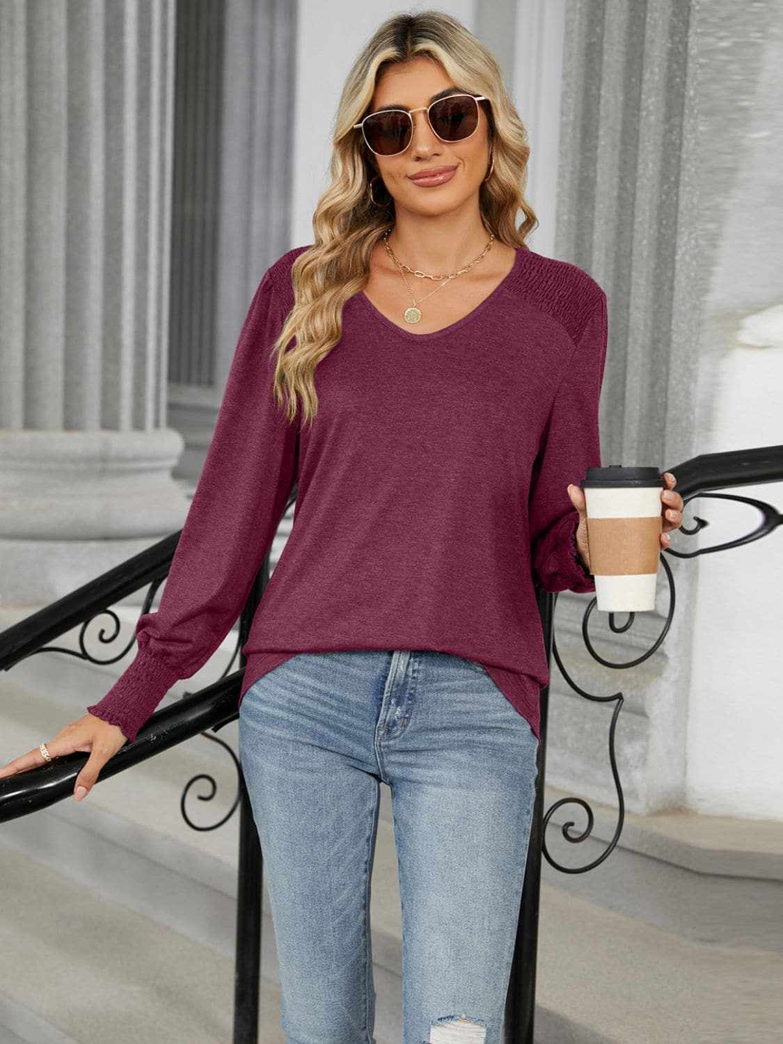 Trendsi Chic V-neck lantern sleeve top