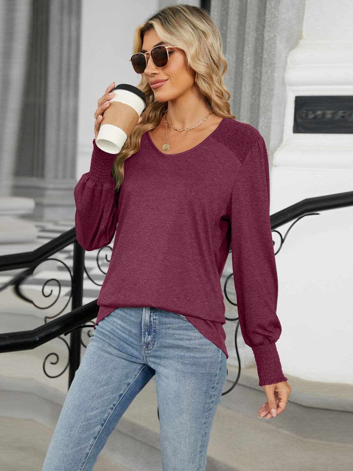 Trendsi Chic V-neck lantern sleeve top