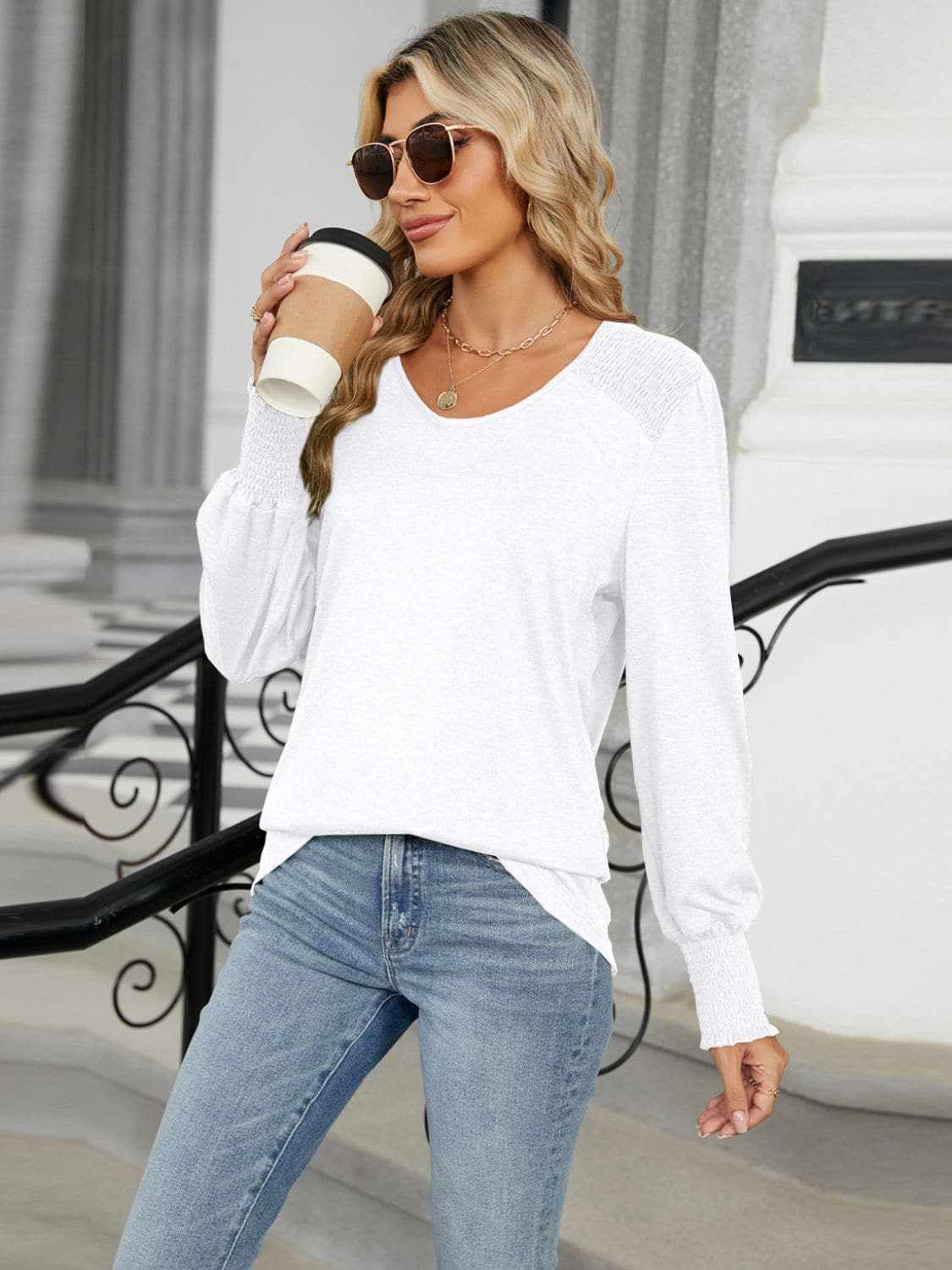 Trendsi Chic V-neck lantern sleeve top