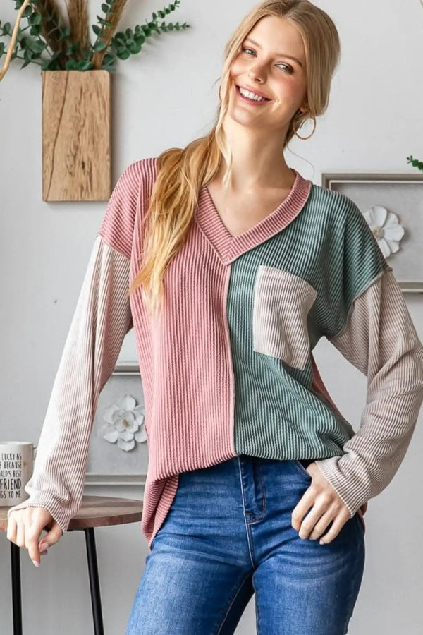 Trendsi Color block ribbed tee with seams