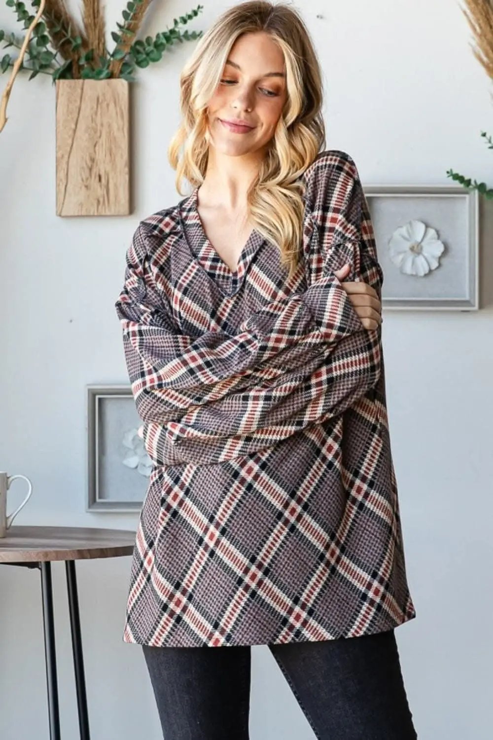 Trendsi Plaid V-Neck Tee Women's Everyday Casual Top - Soft & Stylish