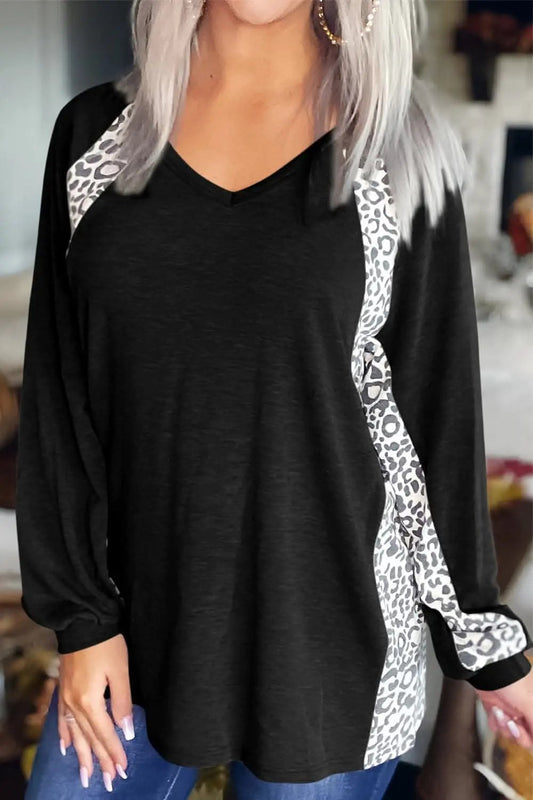 Trendsi Leopard print v-neck long sleeve tee