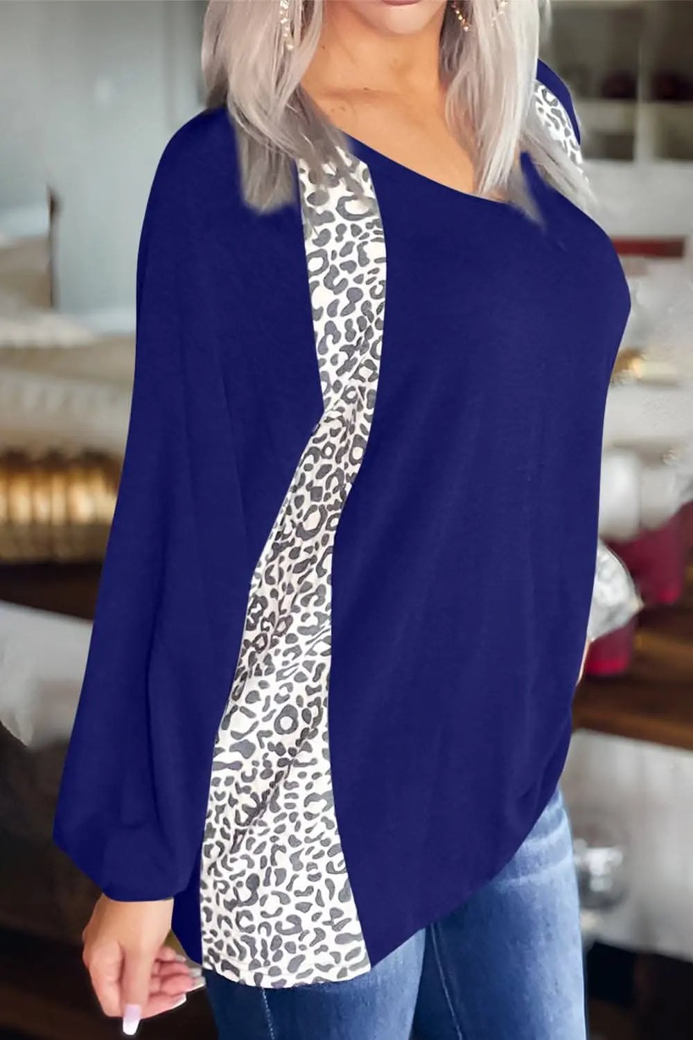Trendsi Leopard print v-neck long sleeve tee