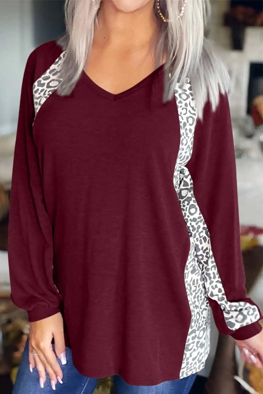 Trendsi Leopard print v-neck long sleeve tee