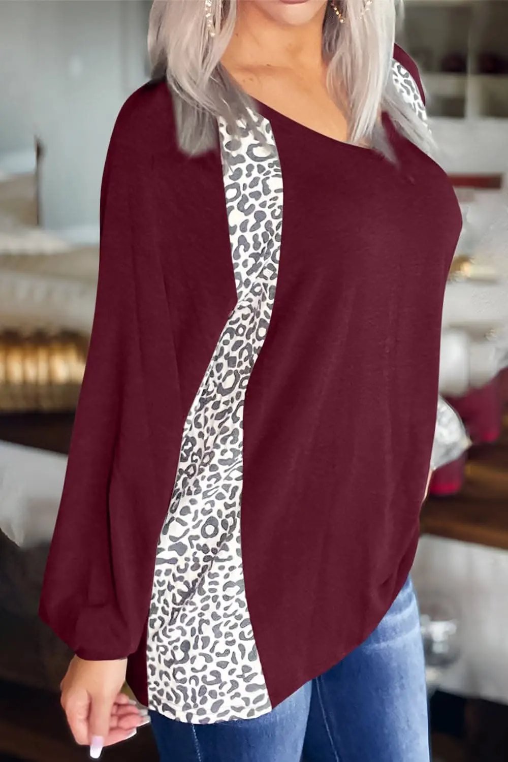 Trendsi Leopard print v-neck long sleeve tee