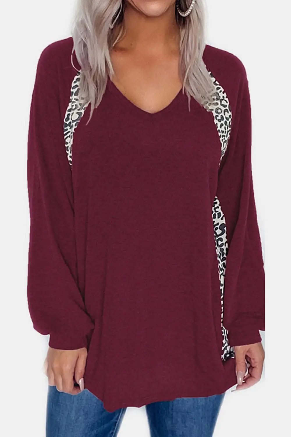 Trendsi Leopard print v-neck long sleeve tee