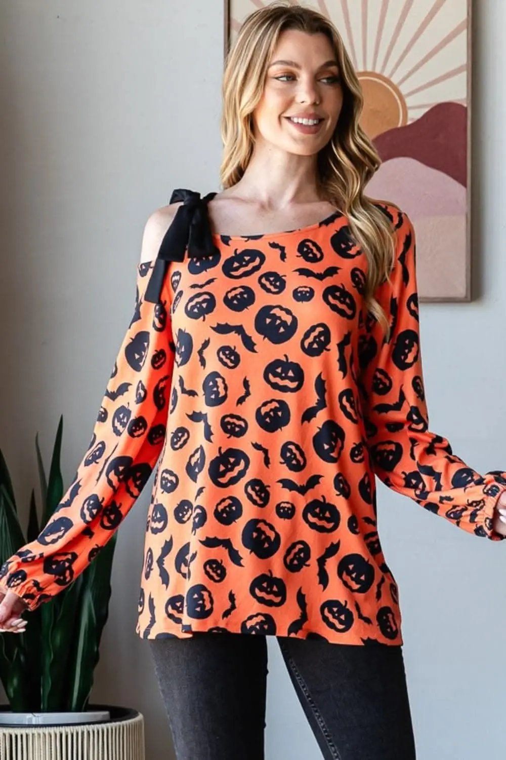 Trendsi Pumpkin Print Tee Women's Fall Fashion Top One-Shoulder, Trendy