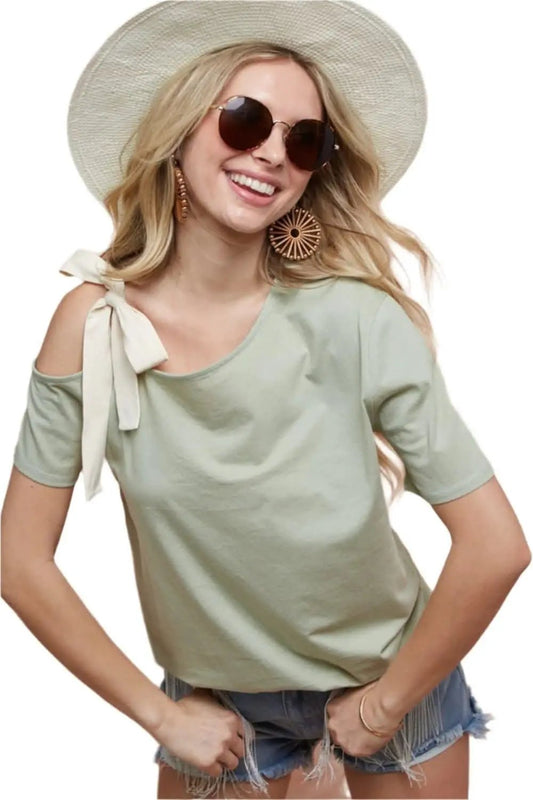 Trendsi One-Shoulder Tee Women's Casual T-Shirt Ribbon Tie Detail, Trendy Top