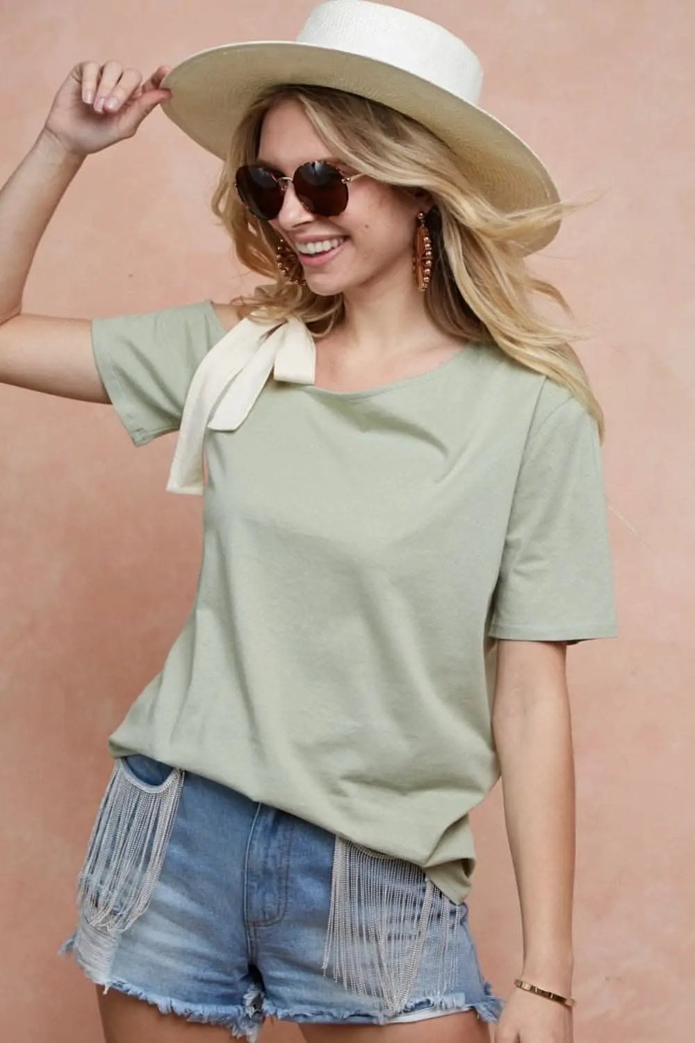 Trendsi One-Shoulder Tee Women's Casual T-Shirt Ribbon Tie Detail, Trendy Top