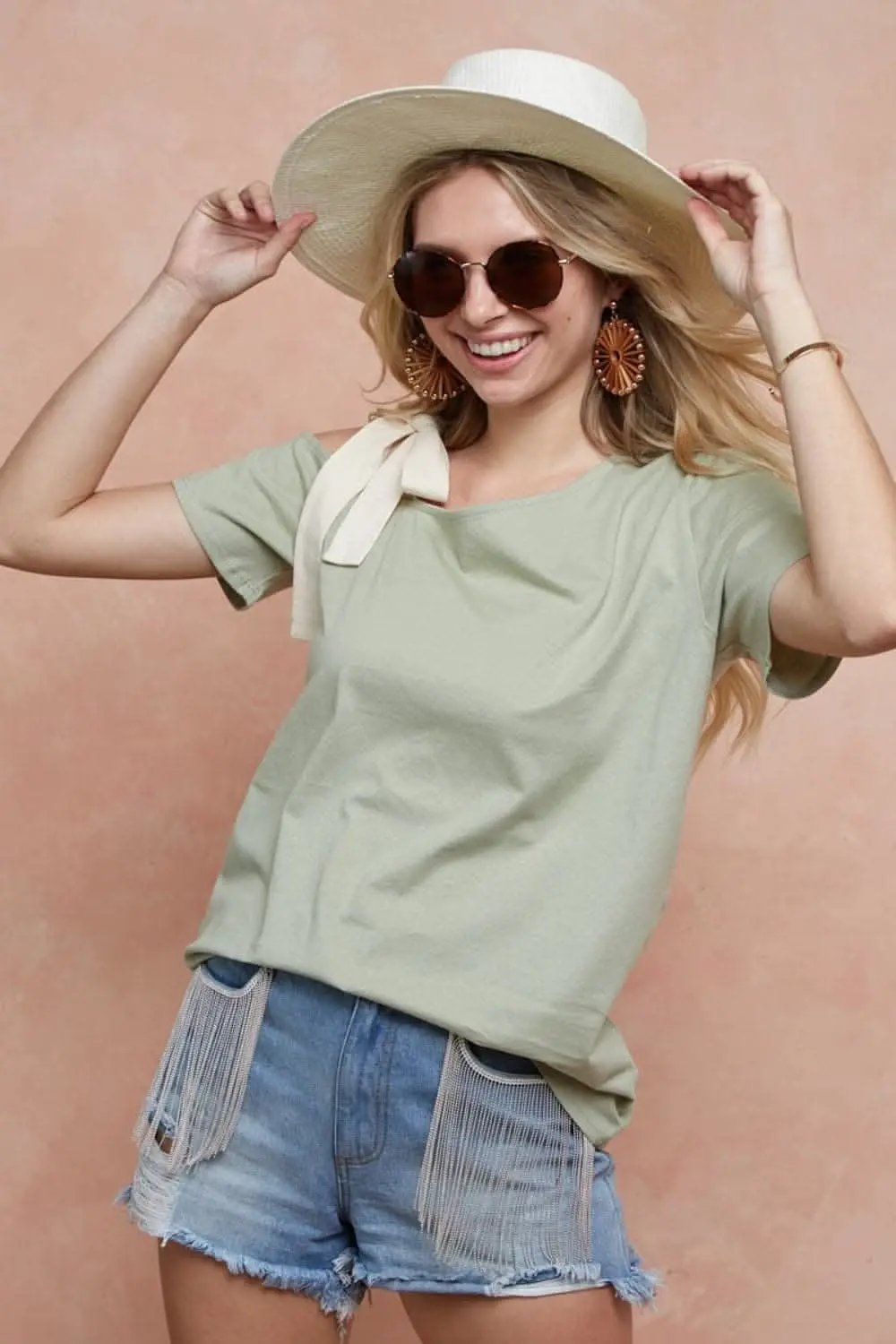 Trendsi One-Shoulder Tee Women's Casual T-Shirt Ribbon Tie Detail, Trendy Top