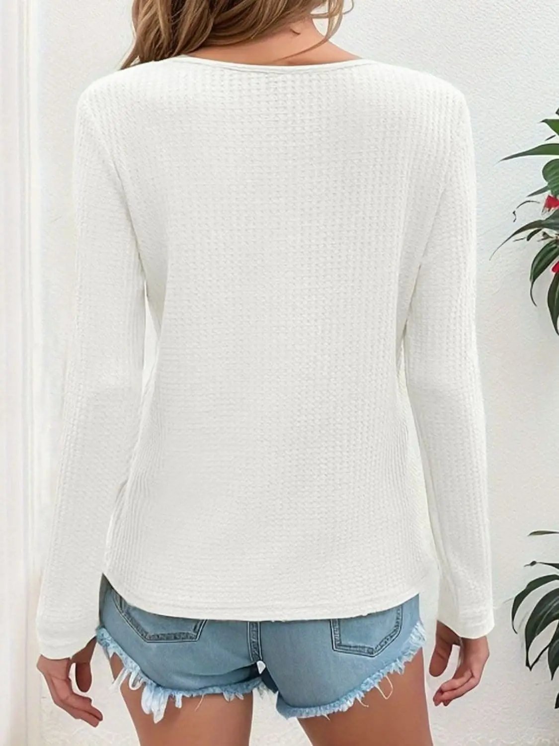 Tee - Waffle-knit V-neck Long Sleeve - Casual Everyday