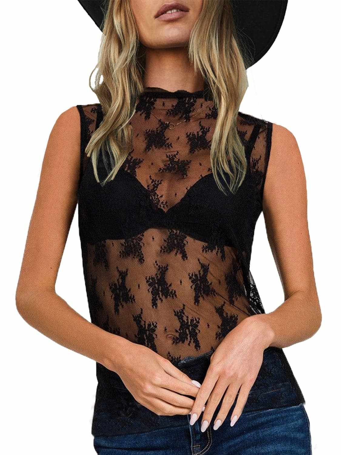 Trendsi Sheer lace mock neck top