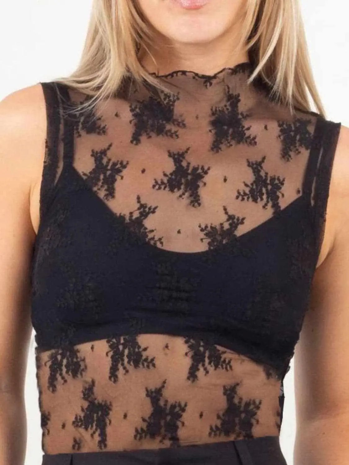 Trendsi Sheer lace mock neck top