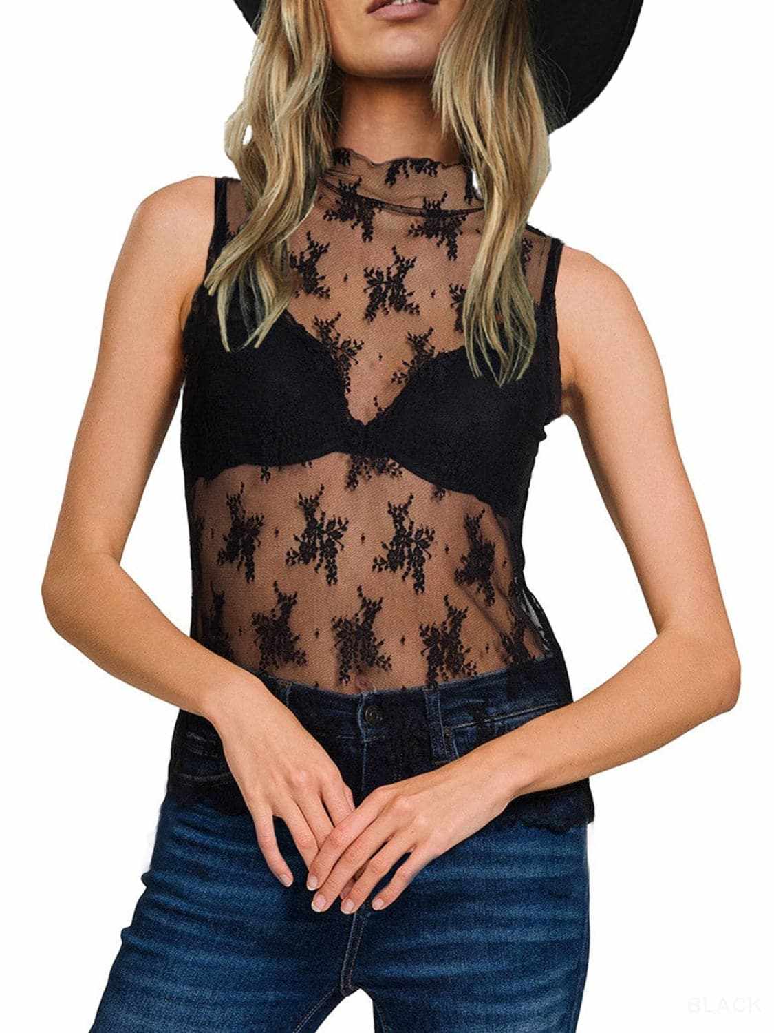 Trendsi Sheer lace mock neck top